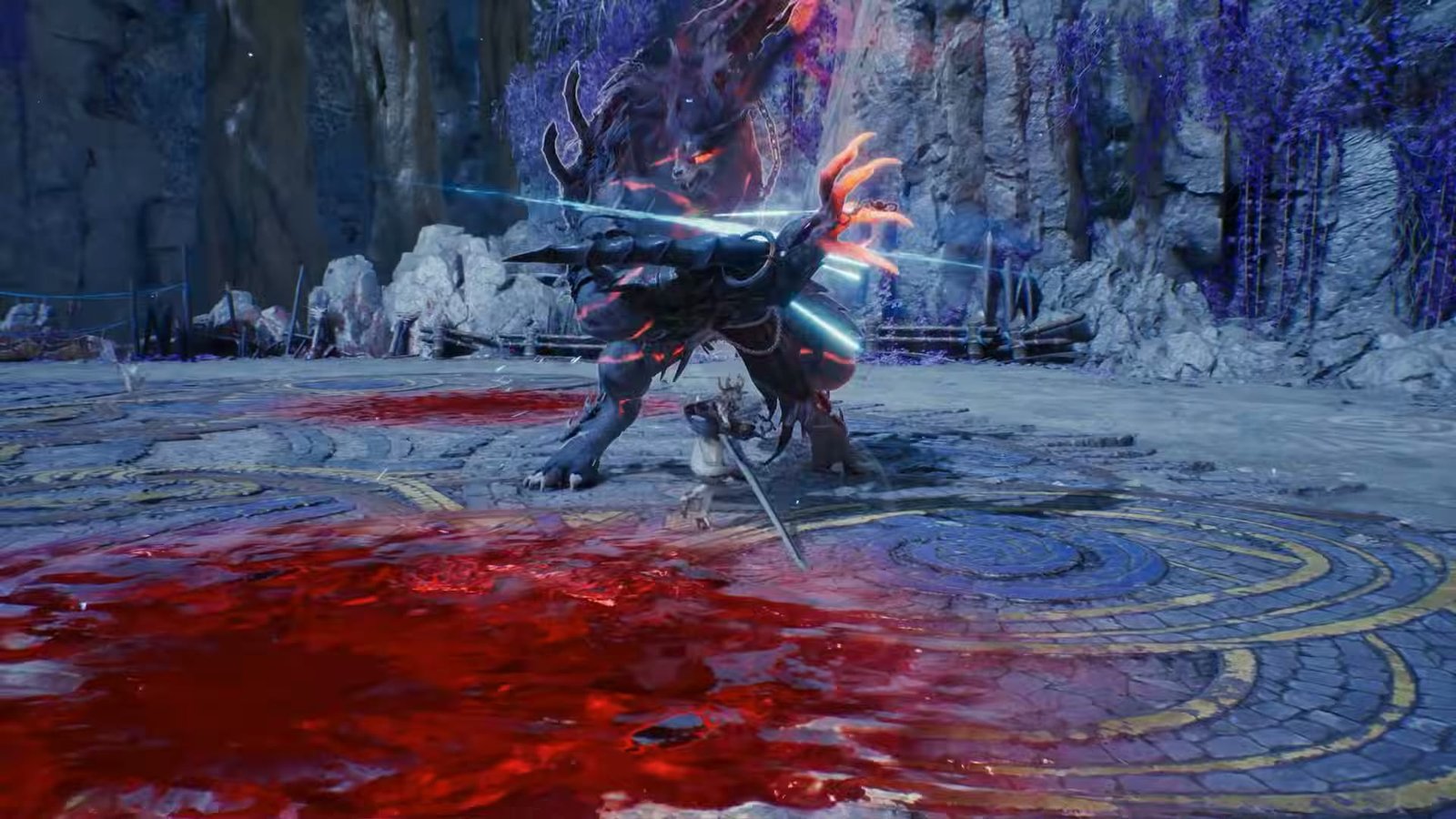 Fighting a huge boss over a pool of blood in Aion 2