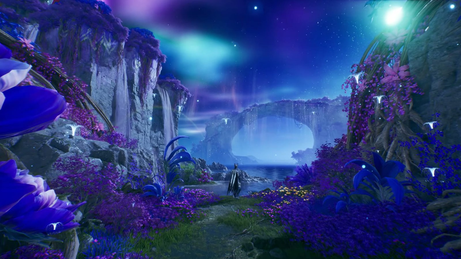 A night landscape with a natural stone arch over water in Aion 2