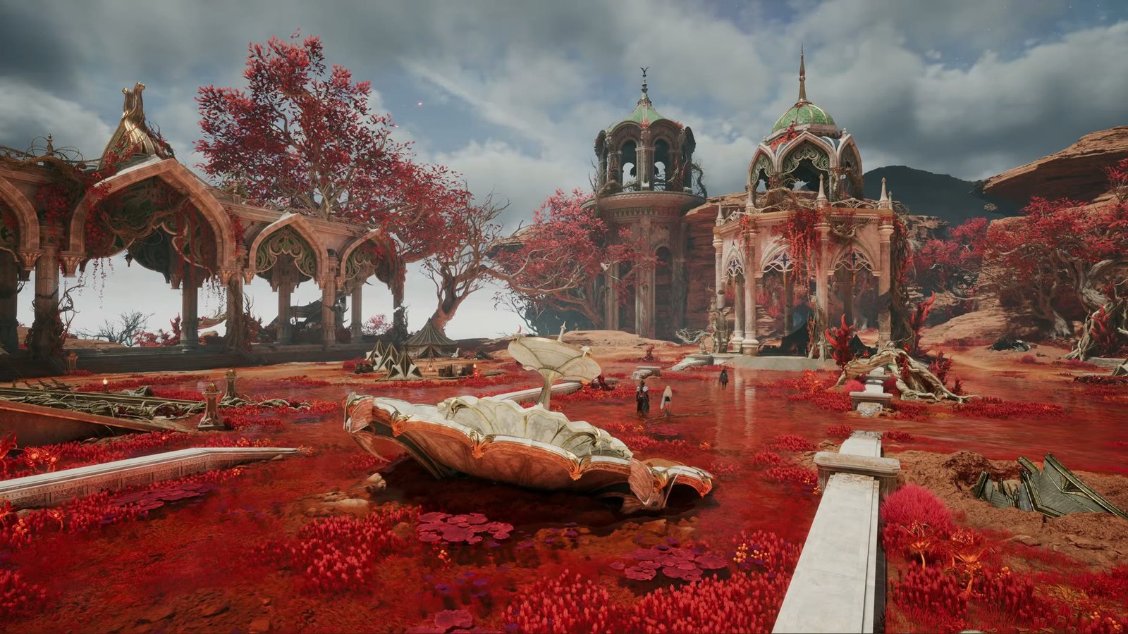 Pavilions and red trees beside a beached boat in Aion 2