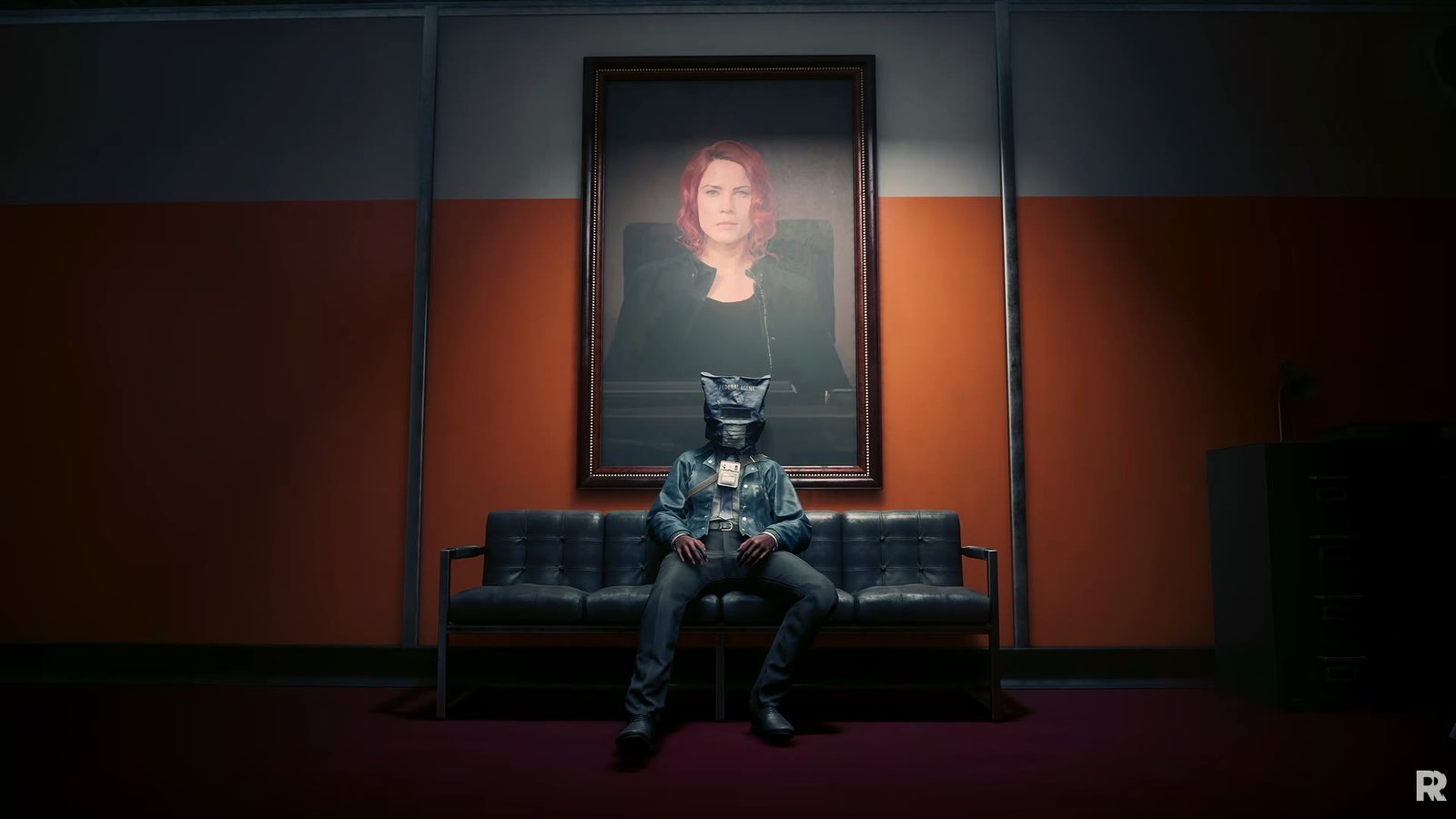 A federal agent beneath Jesse Faden's portrait in Control Resonant