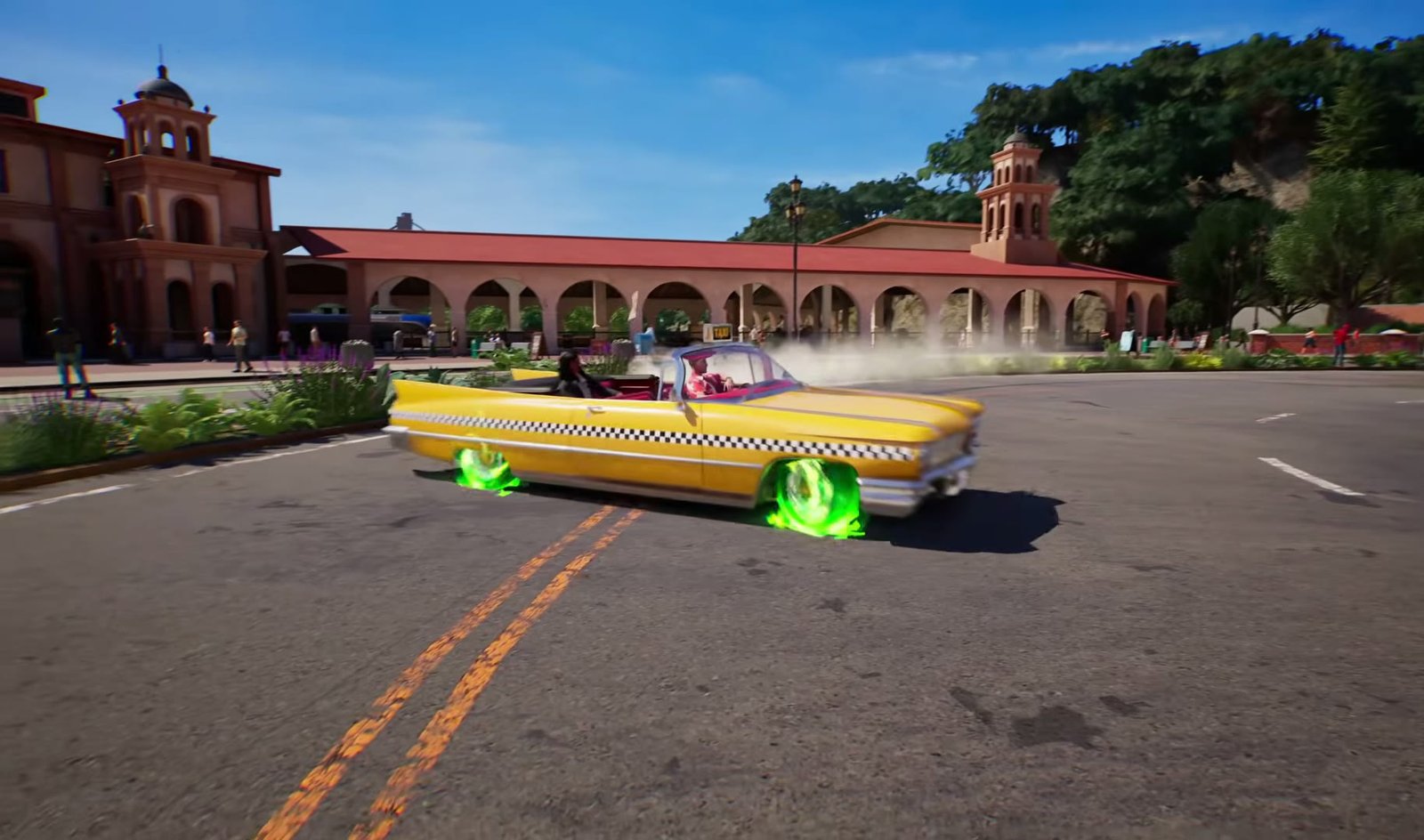 A yellow taxi drifting with its wheels burning green in Crazy Taxi: World Tour