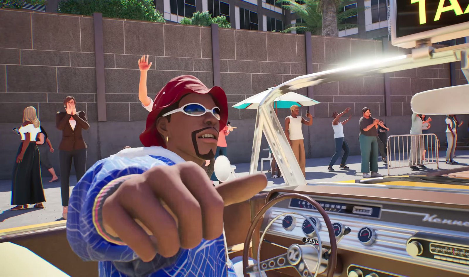 The driver pointing at the camera from the wheel in Crazy Taxi: World Tour