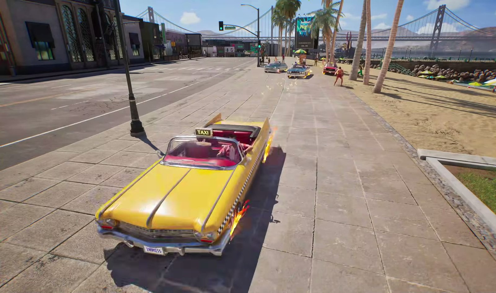 Several taxis along a seaside promenade with a suspension bridge behind in Crazy Taxi: World Tour