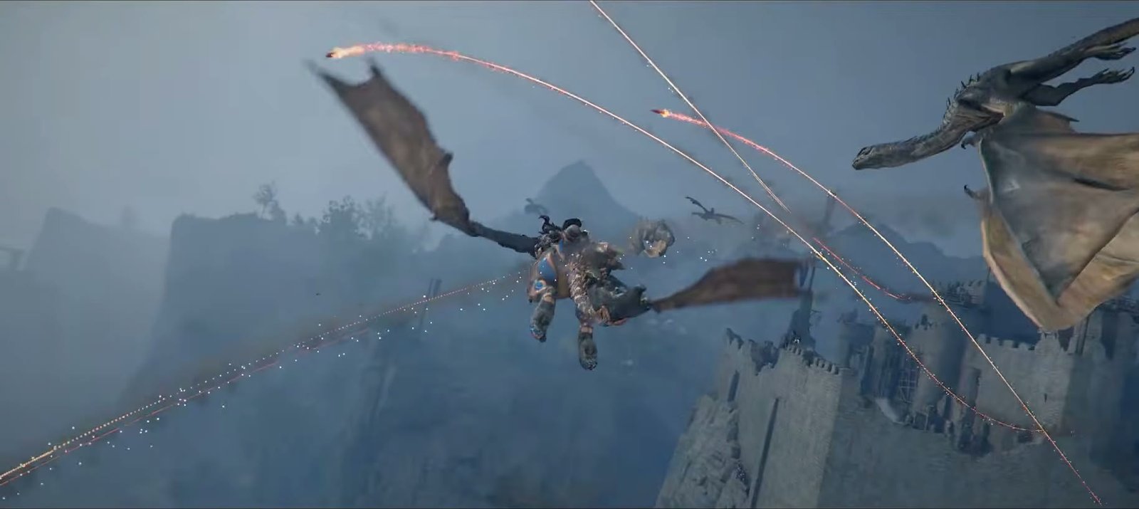 An aerial battle between winged creatures over a castle in Crimson Desert