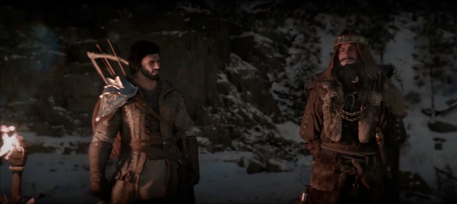 Two men talking beside a fire in the snow in Crimson Desert