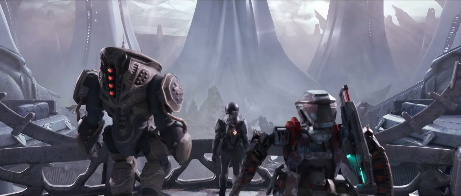 A squad before an alien megastructure in Exodus