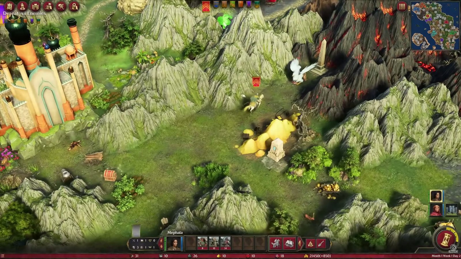 A 3D adventure map with a lava border in Heroes of Might and Magic 3 Remake