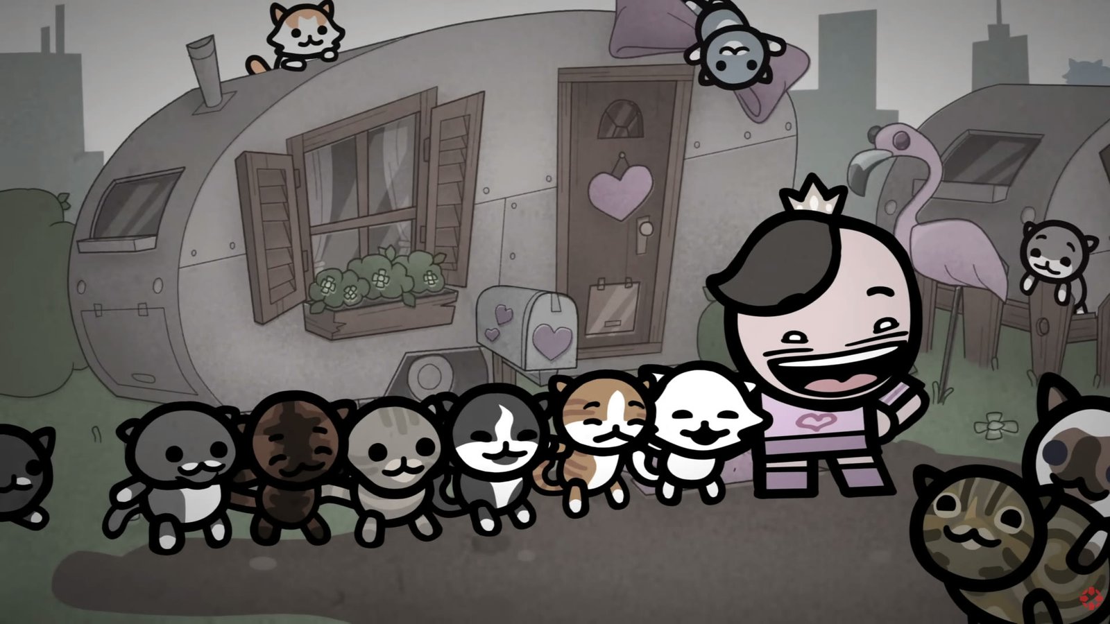 A line of cats outside a caravan in Mewgenics