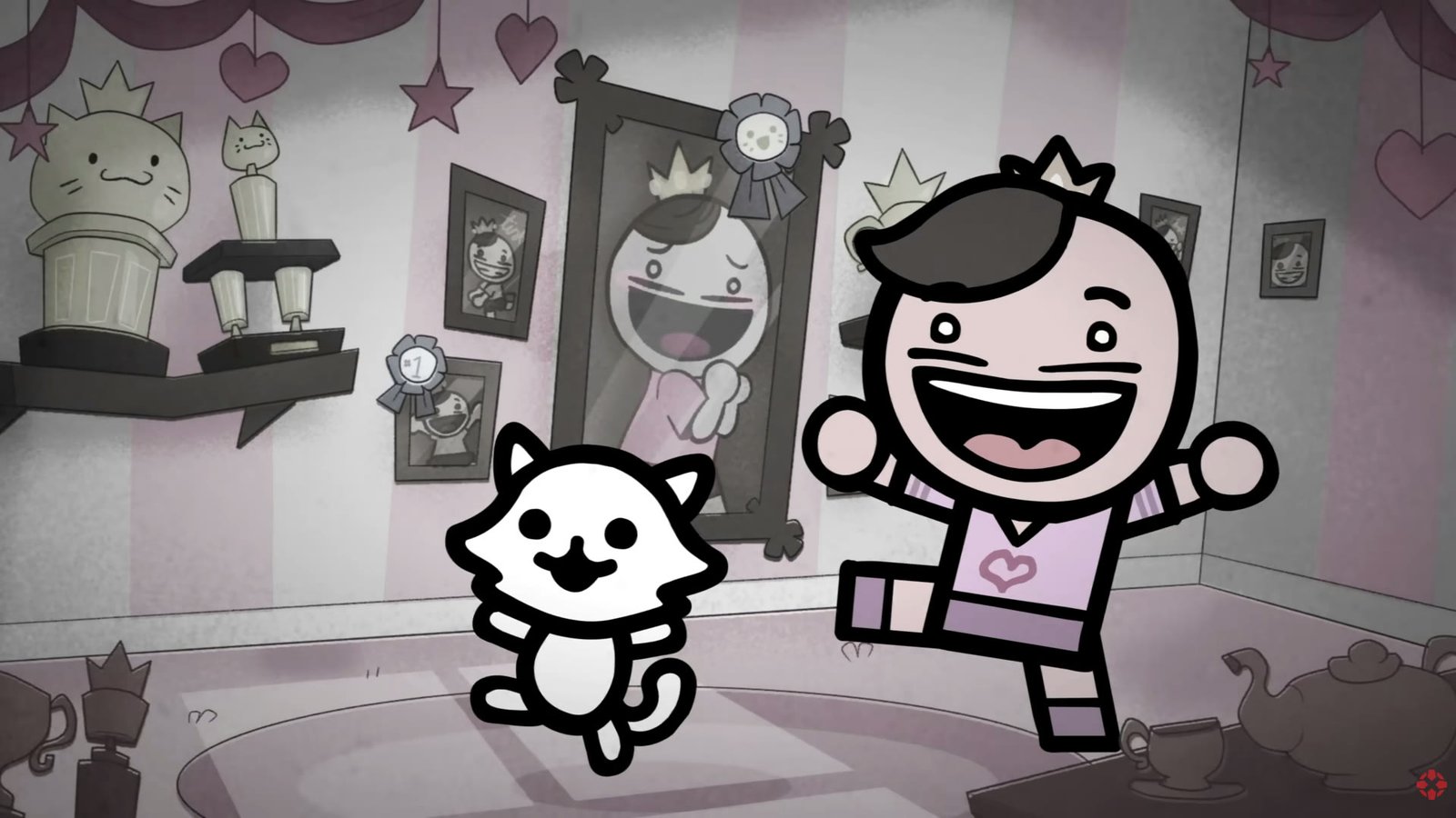 A room full of trophies and rosettes with a white cat in Mewgenics