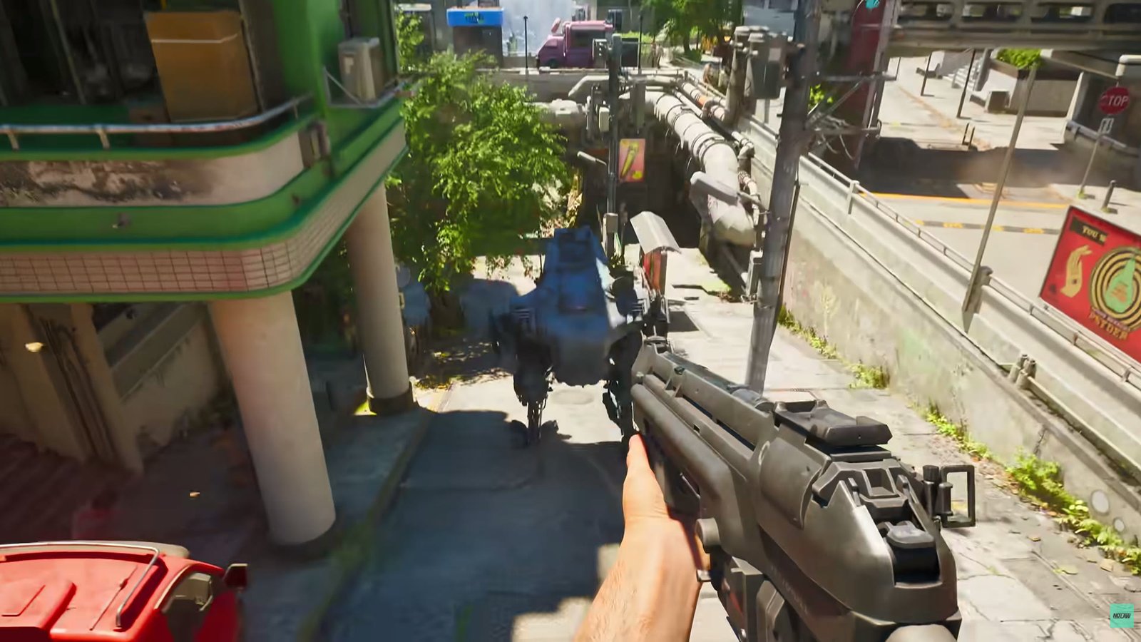 First-person view with a rifle facing a robot in No Law