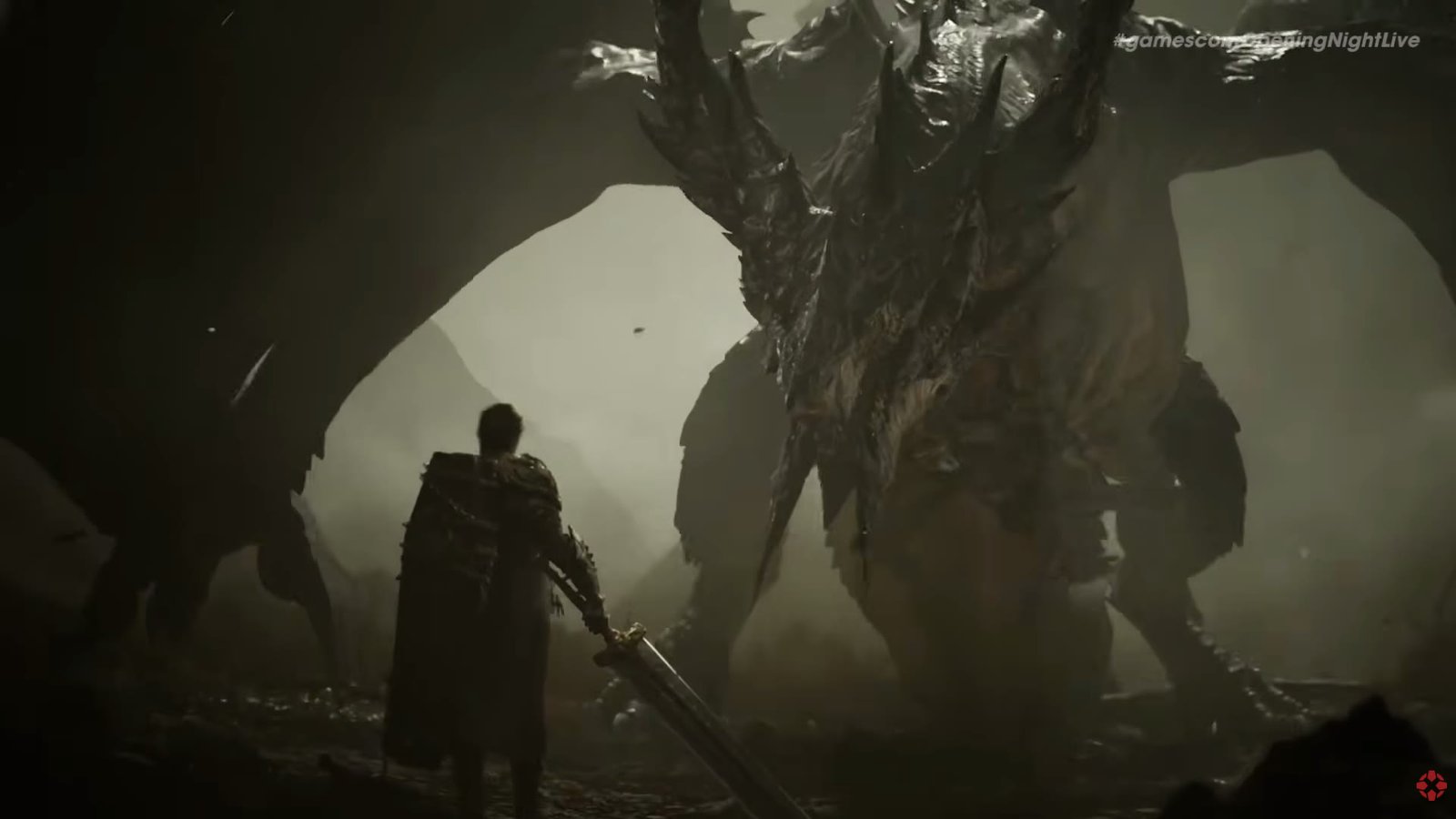 A warrior facing a colossus in Nodus Fall