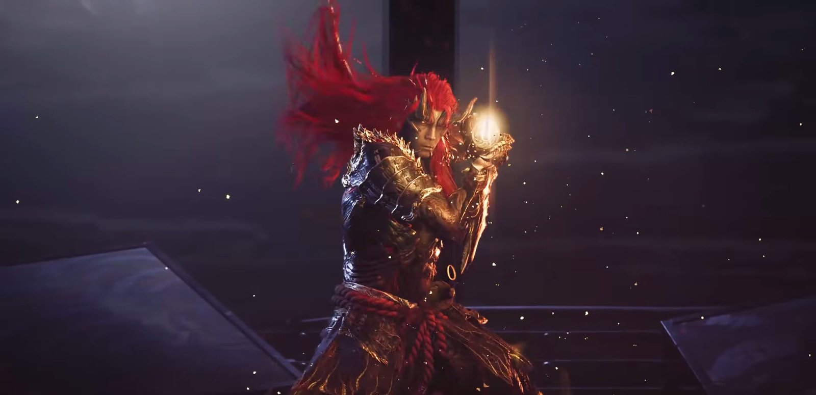 A red-haired figure holding a glowing orb in Onimusha: Way of the Sword