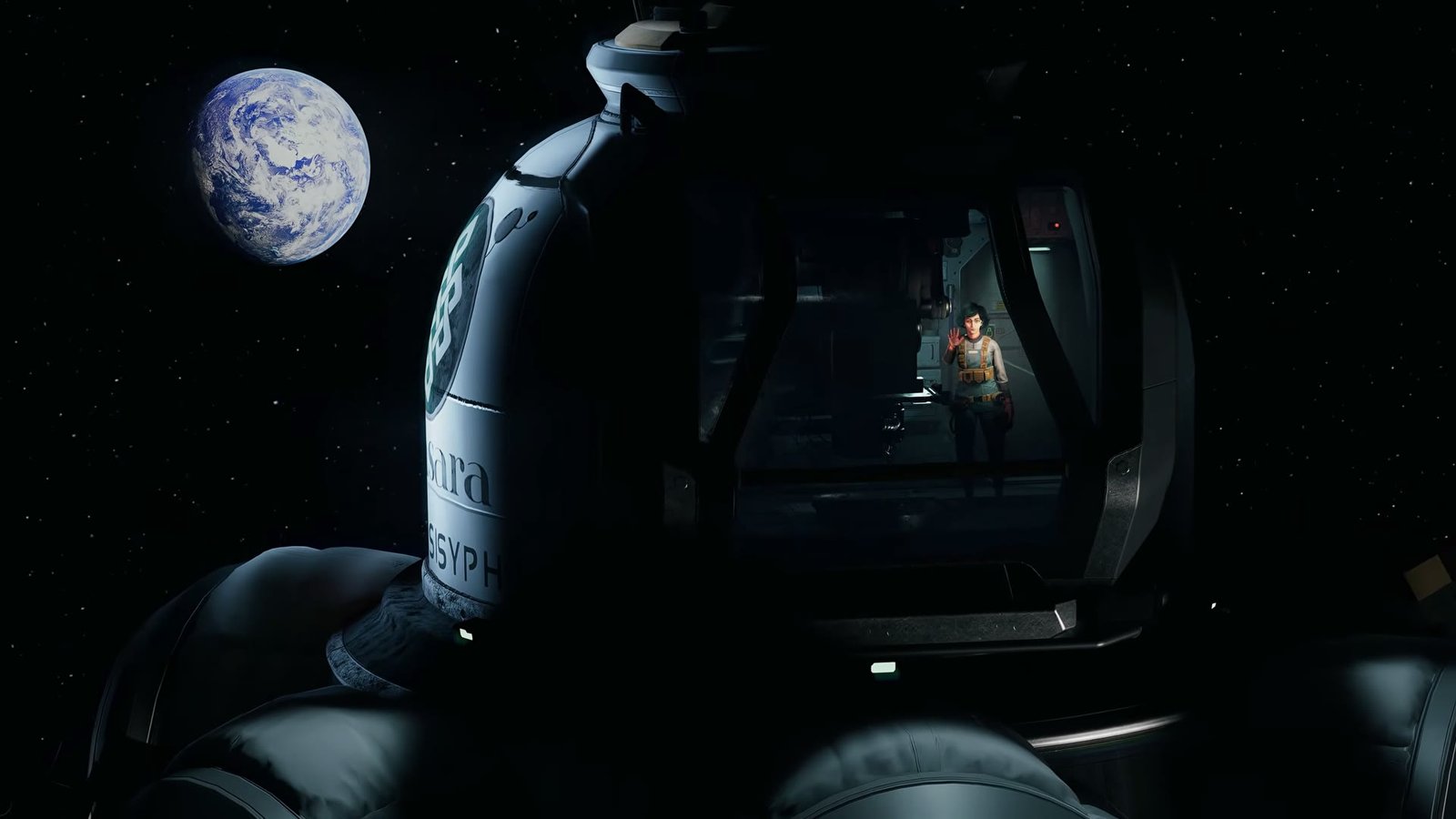 A farewell at the airlock with Earth behind in Ontos