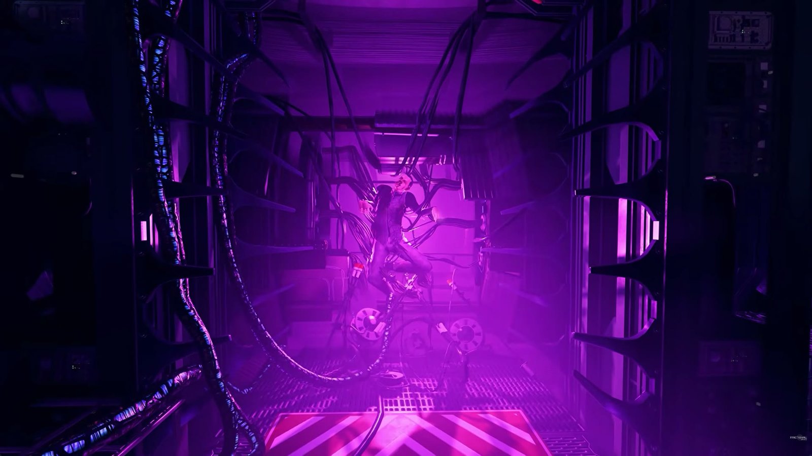 A figure tangled in cables in a violet-lit corridor in Ontos