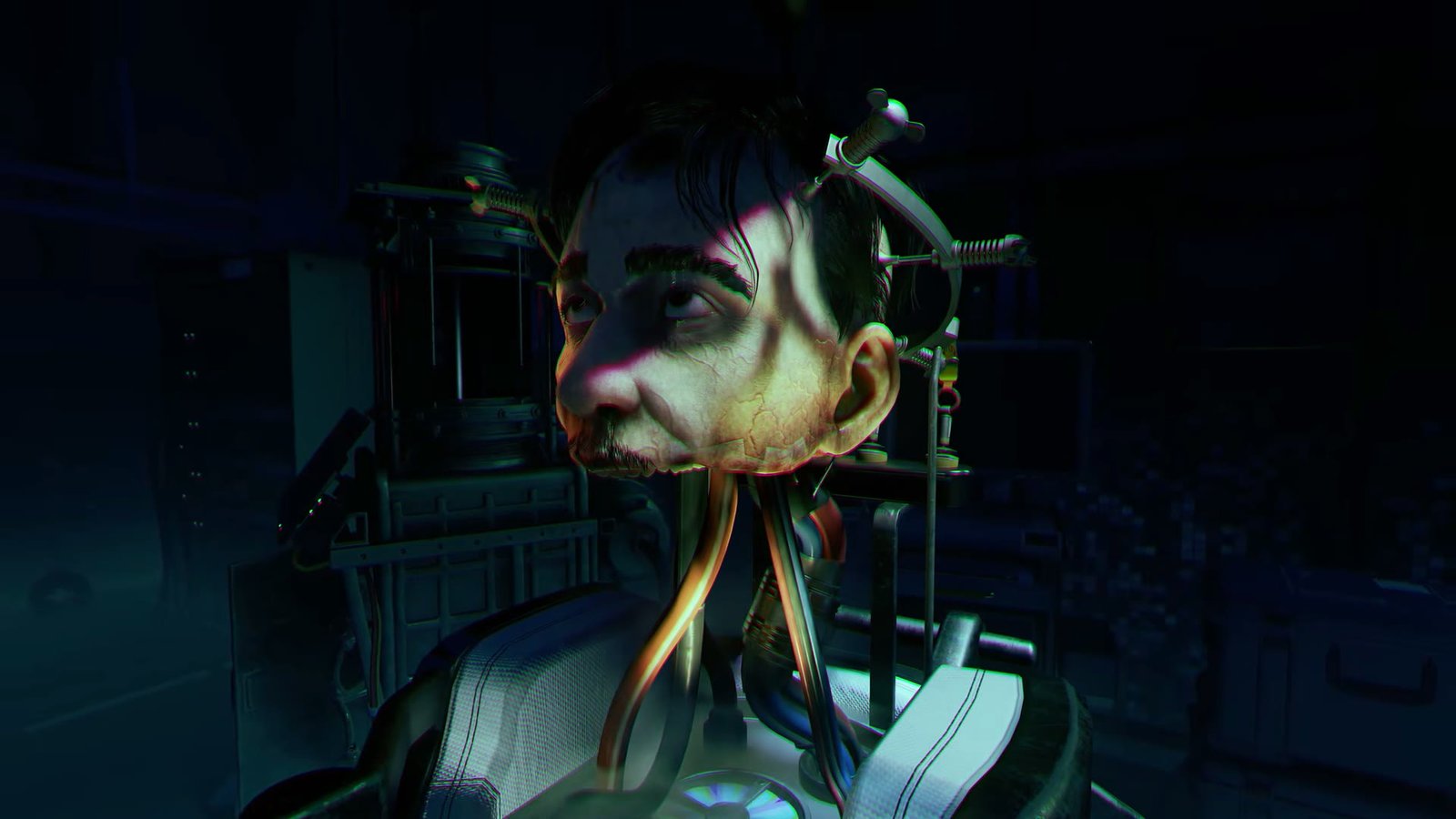 A head wired into a life-support rig in Ontos