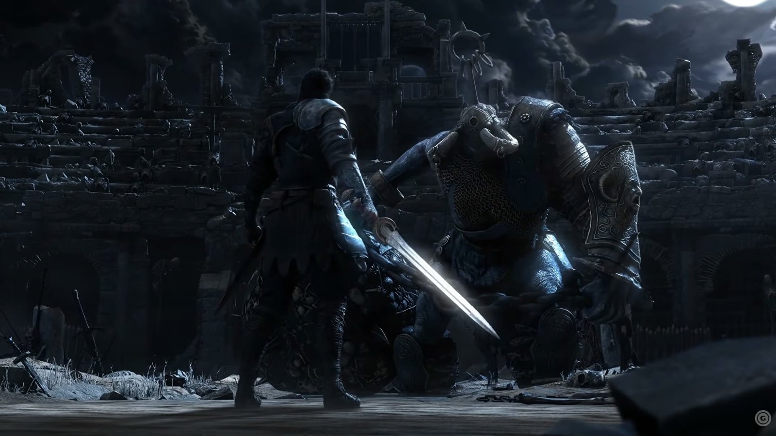 A swordsman facing an armoured brute in a ruined amphitheatre in Path of Exile 2