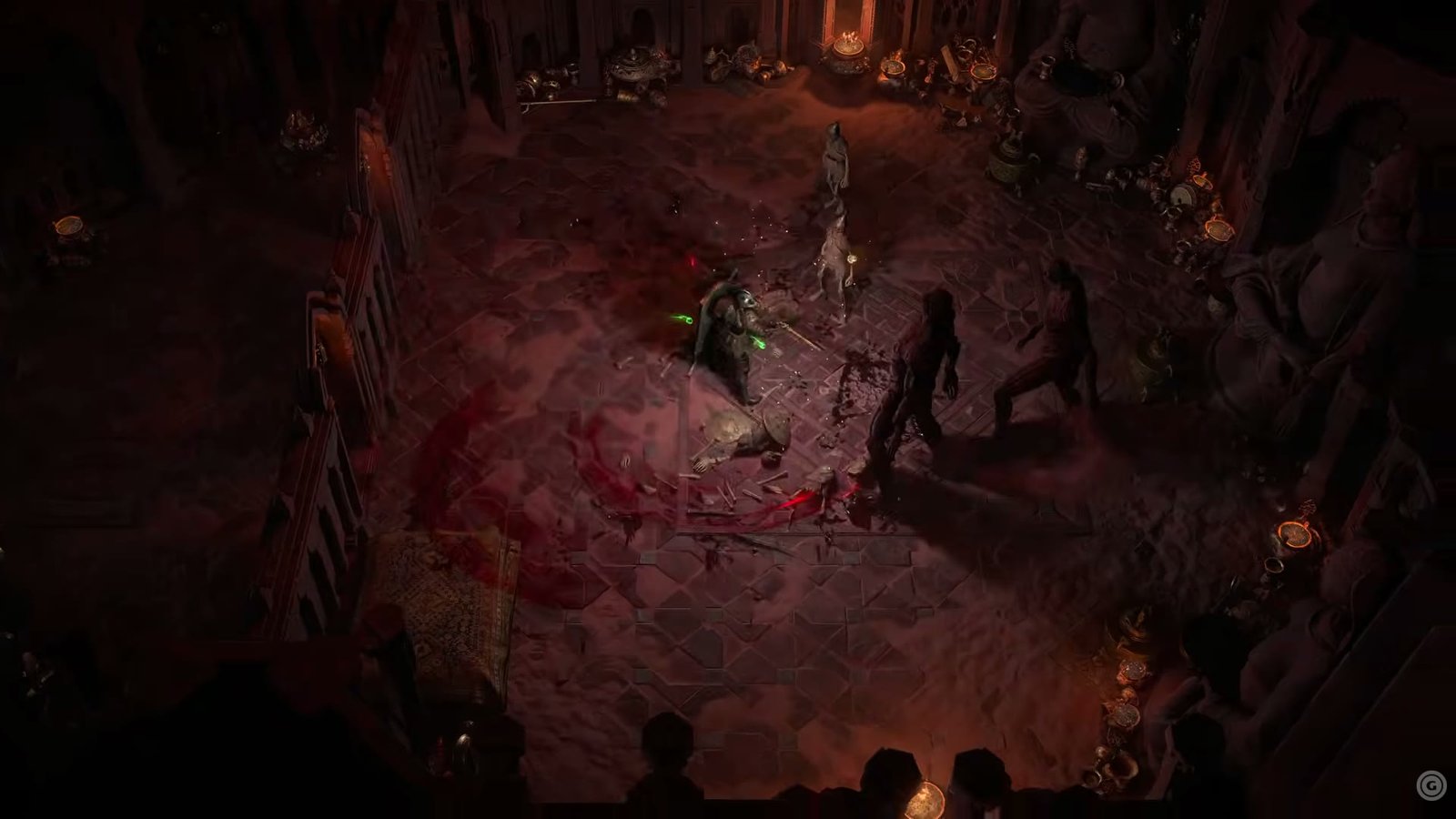 Fighting the undead in a red-lit chamber in Path of Exile 2