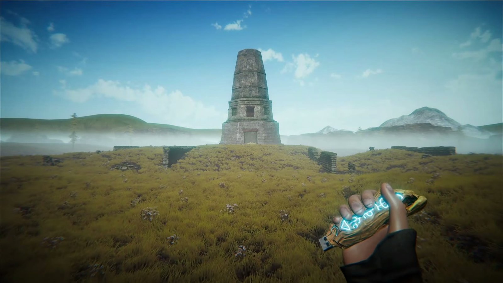A hand holding a runic relic in front of a stone tower in Pony Island 2: Panda Circus