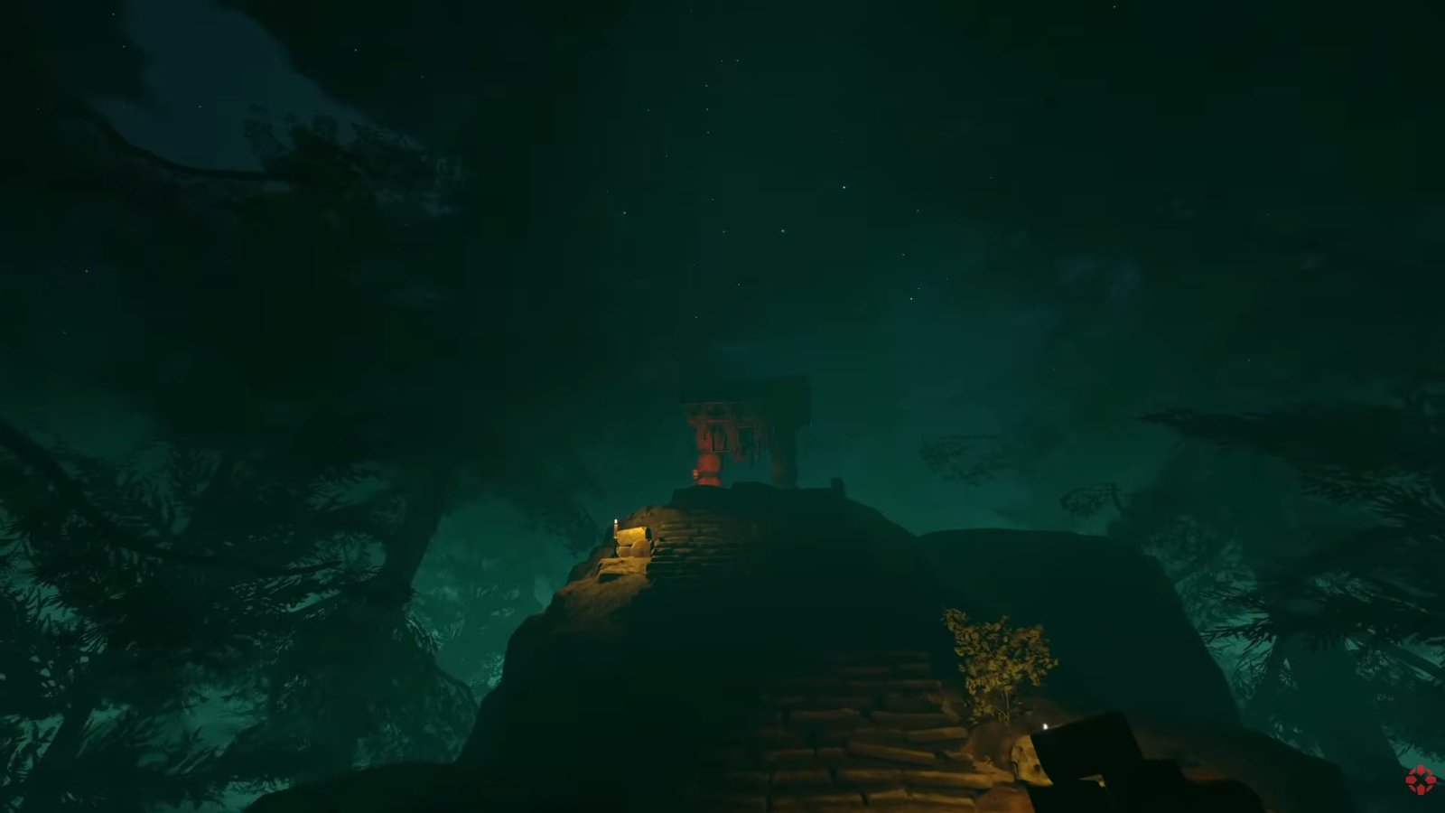 A lit shrine at the top of a stairway in a night forest in Pony Island 2: Panda Circus