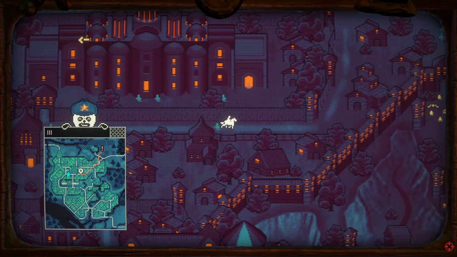 A pixel-art section with a town seen from above and a map in Pony Island 2: Panda Circus