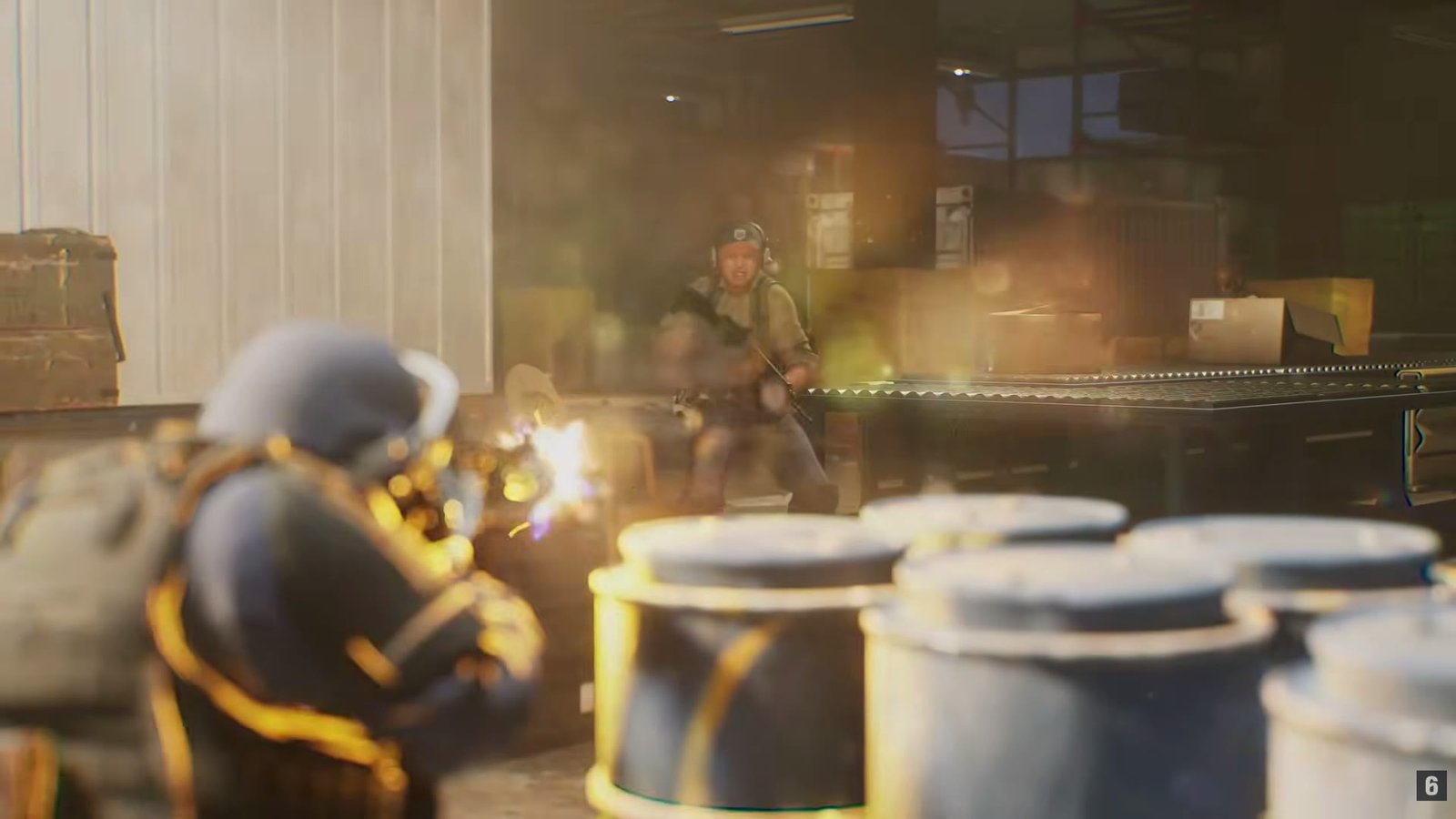 A firefight inside a warehouse in Rainbow Six Tactics