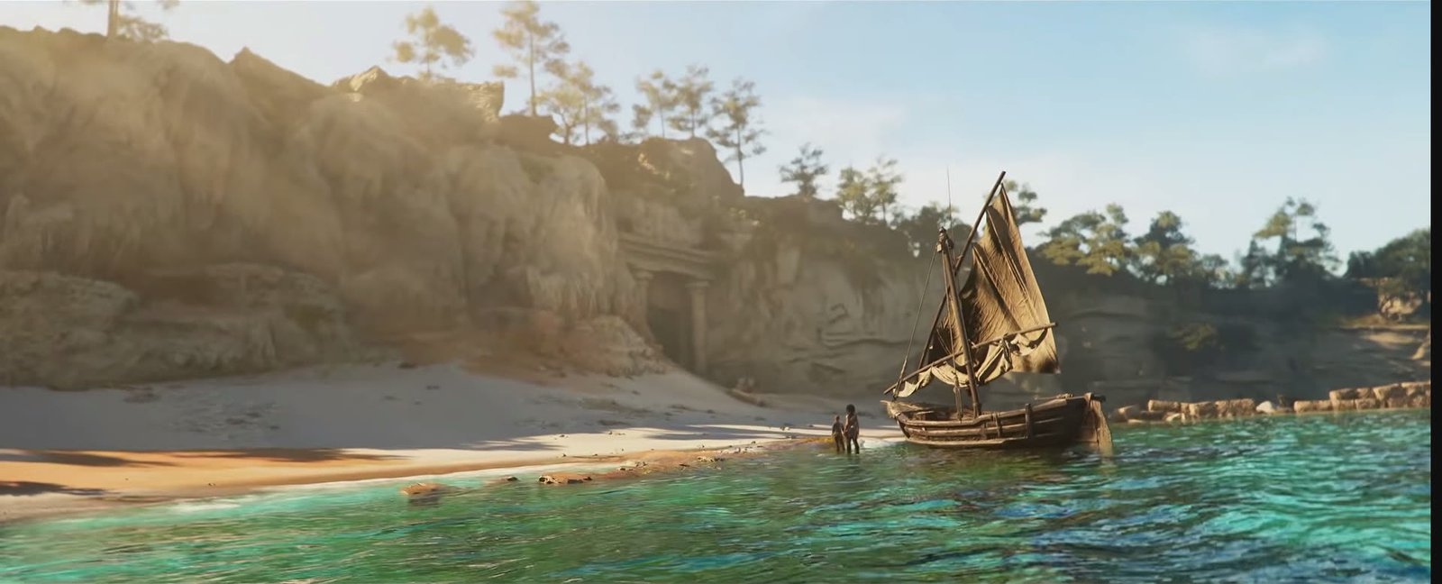 A Mediterranean cove with a beached boat in Resonance: A Plague Tale Legacy