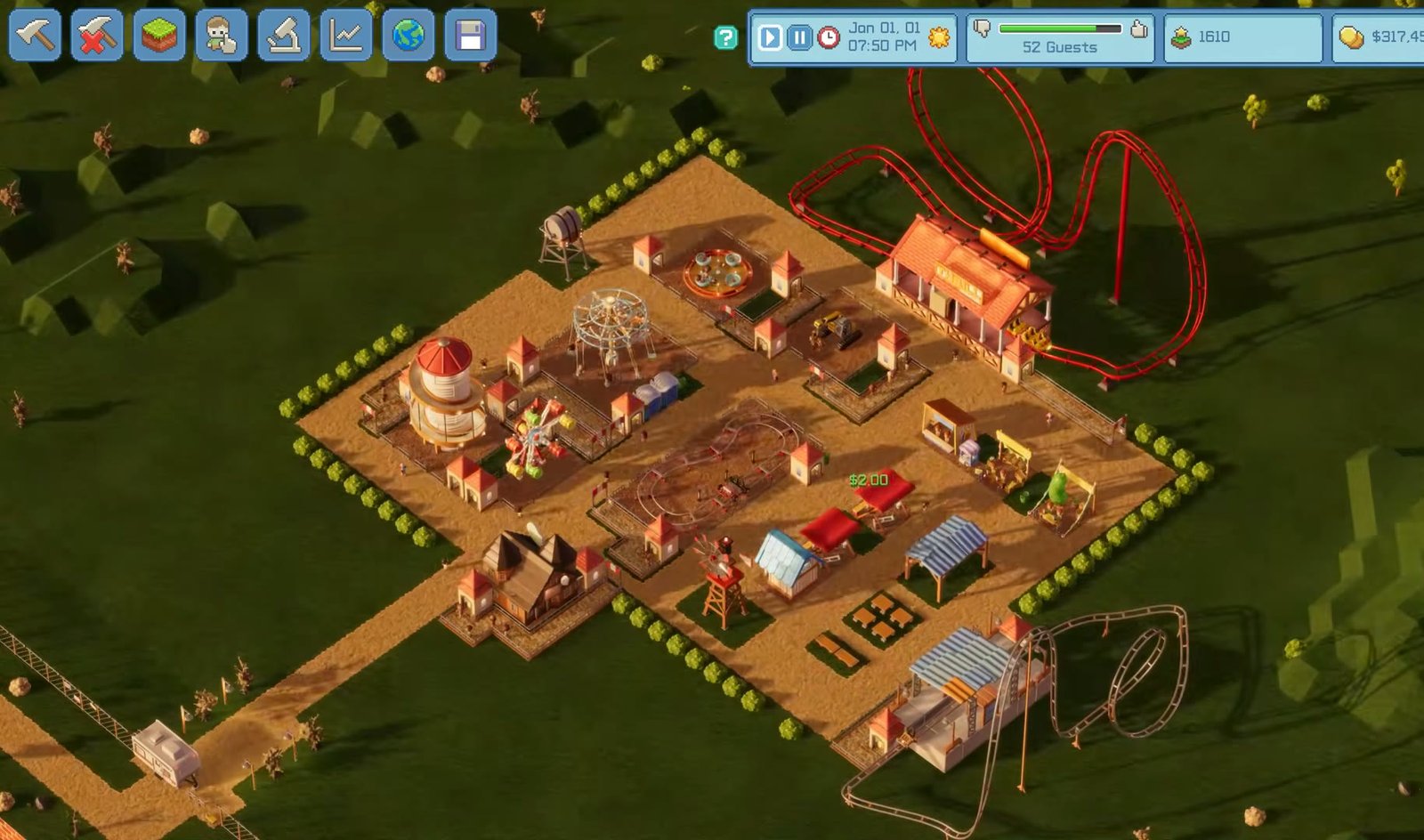 The management interface over a half-built park in RollerCoaster Tycoon Wonderworks