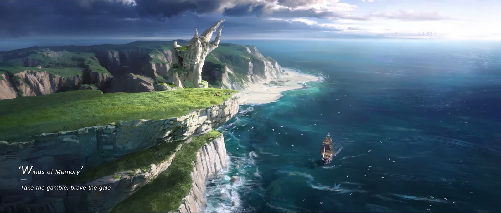 Coastal cliffs seen from the air with a ship sailing in Sea of Remnants