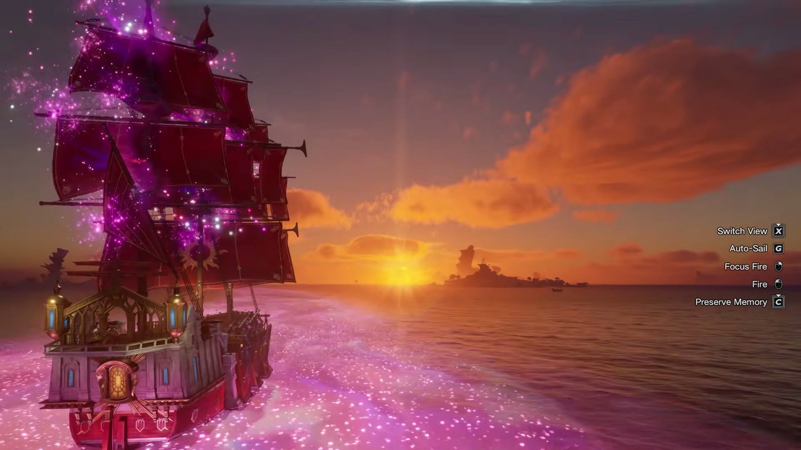 A red-sailed ship at sunset in Sea of Remnants