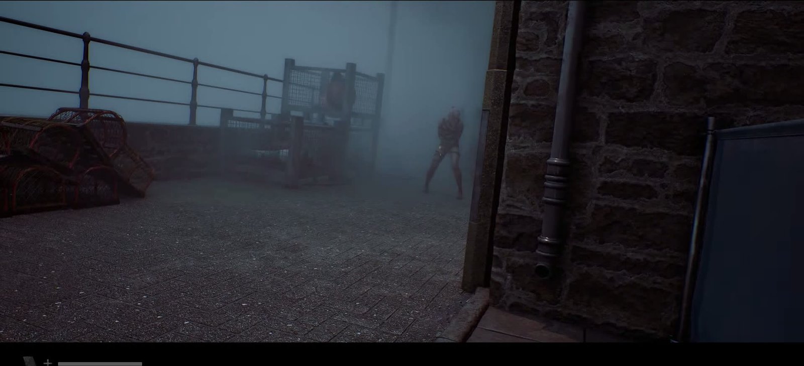 A figure in the fog at the harbour in Silent Hill: Townfall