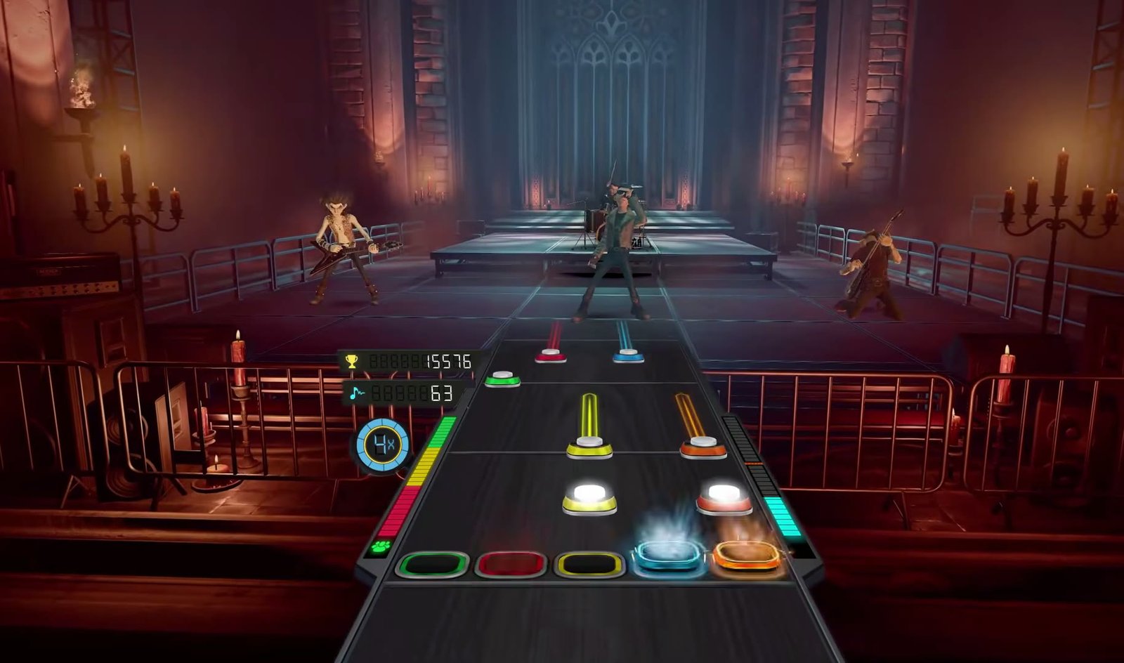 The note highway with the band playing in a gothic hall in Stage Tour