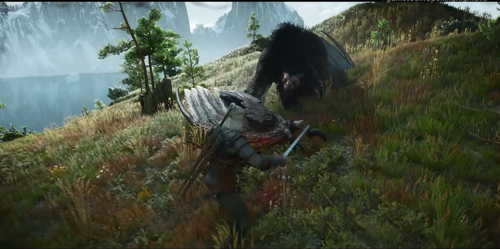 Geralt facing a winged beast in The Witcher 3: Songs of the Past