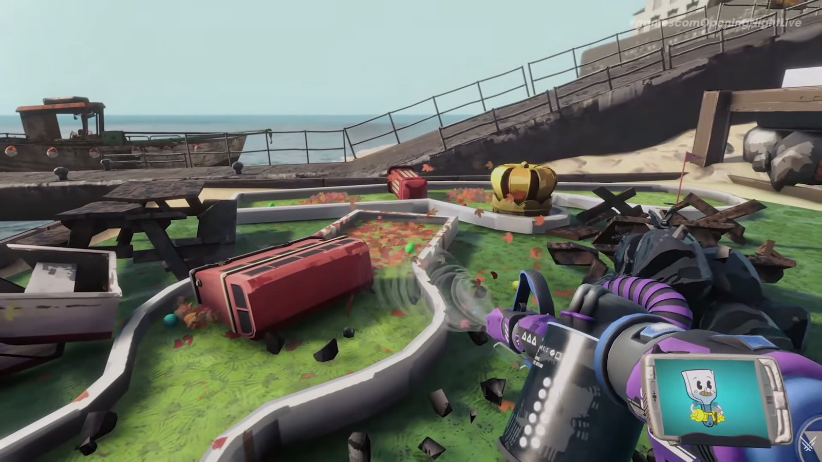 A leaf blower used on a seaside crazy golf course in There Are No Ghosts at the Grand