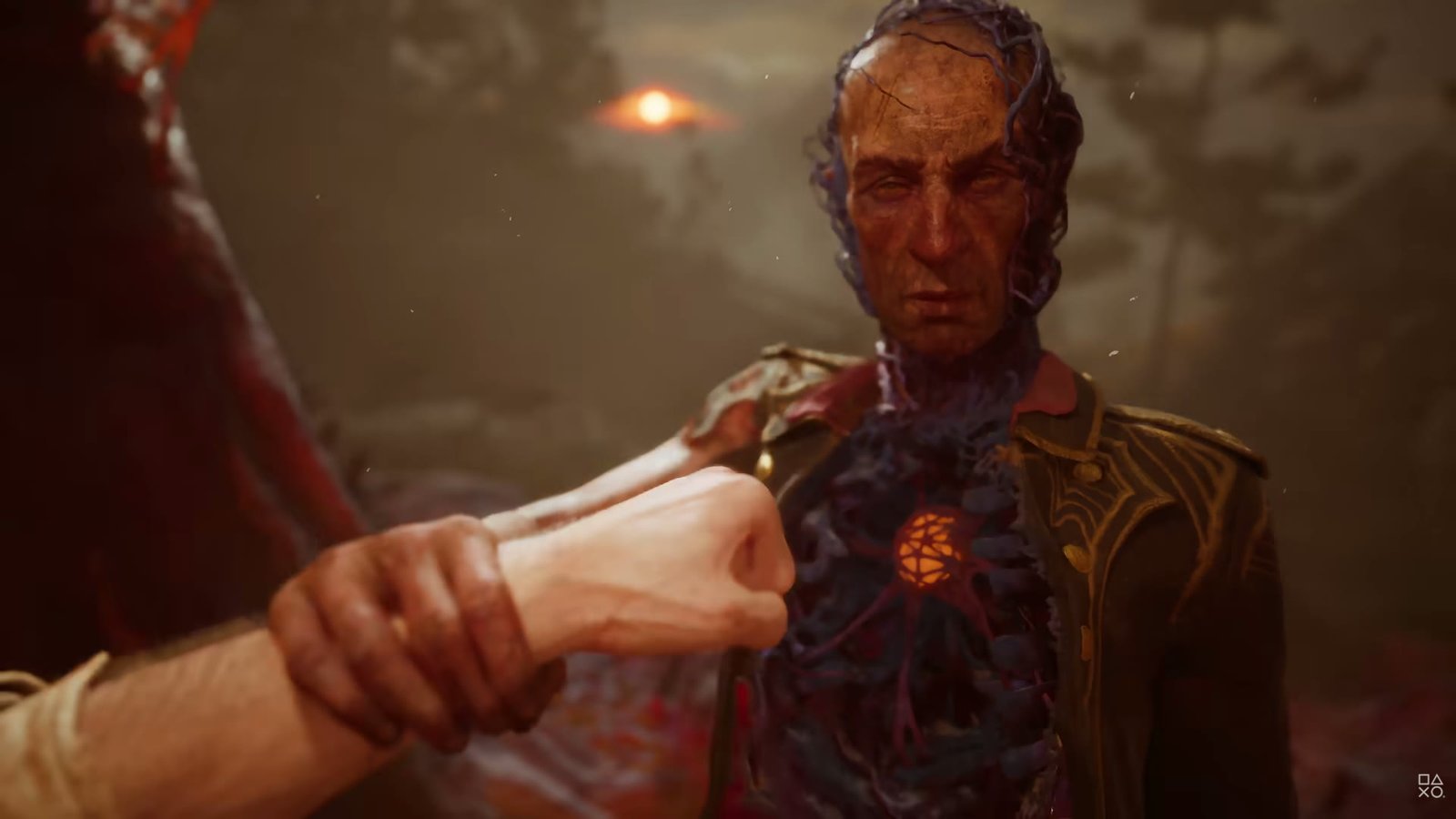 An officer with an opened torso and a glowing core in Valor Mortis