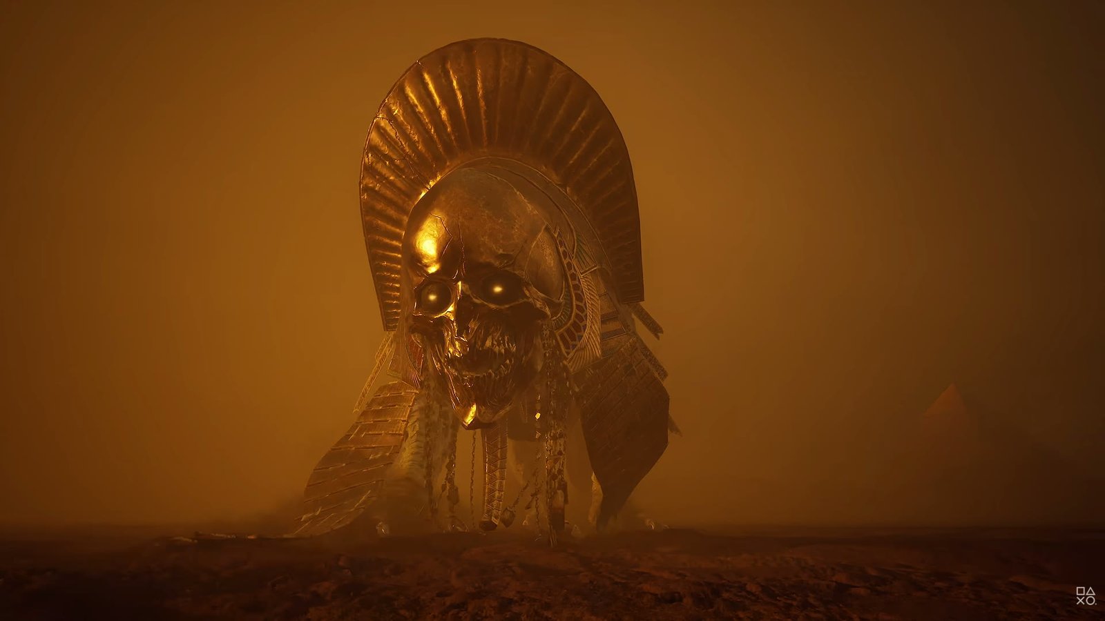 A skeletal colossus with a golden headdress in a sandstorm in Valor Mortis