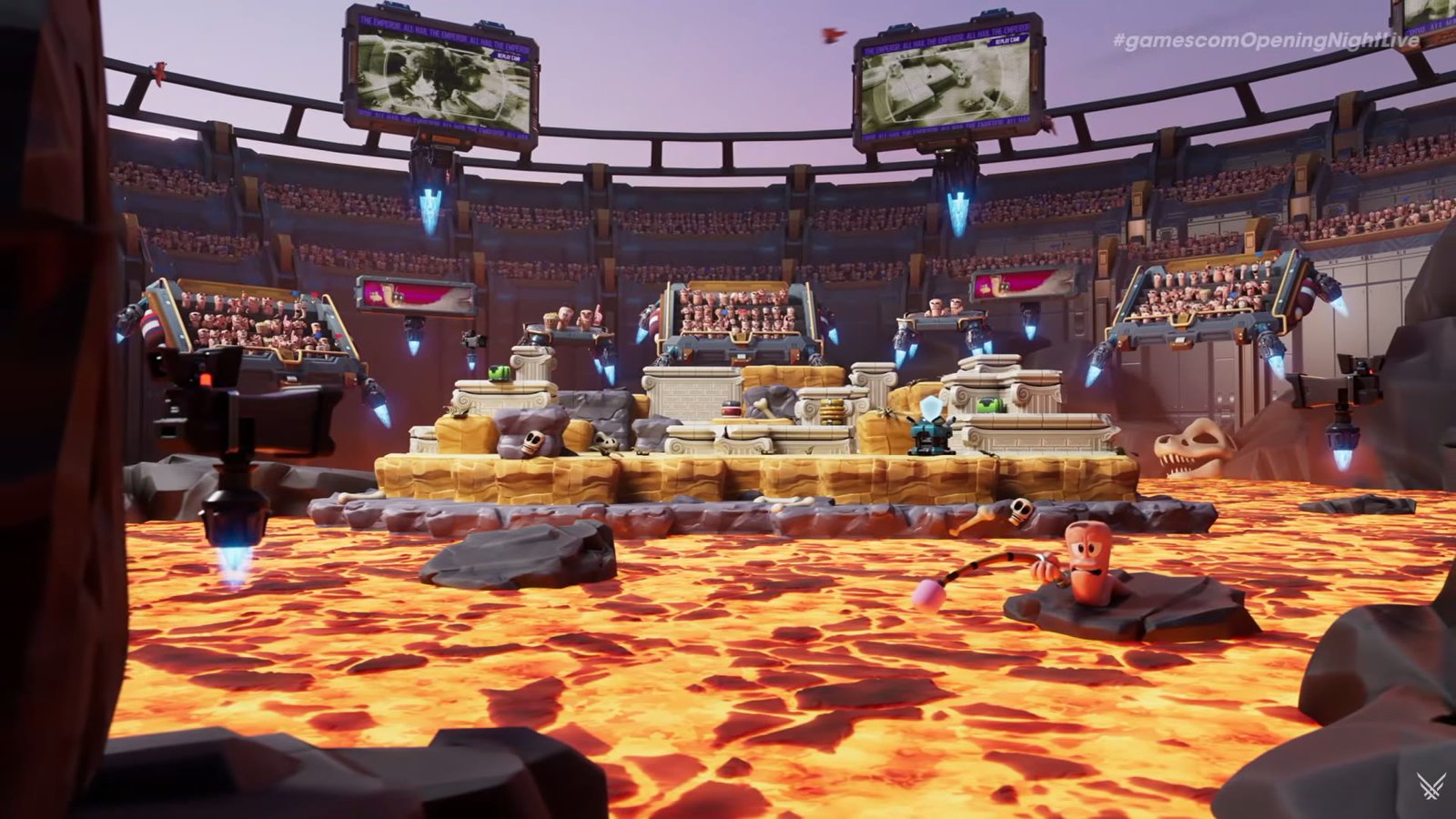 An arena above lava in Worms: Galactic Tactics