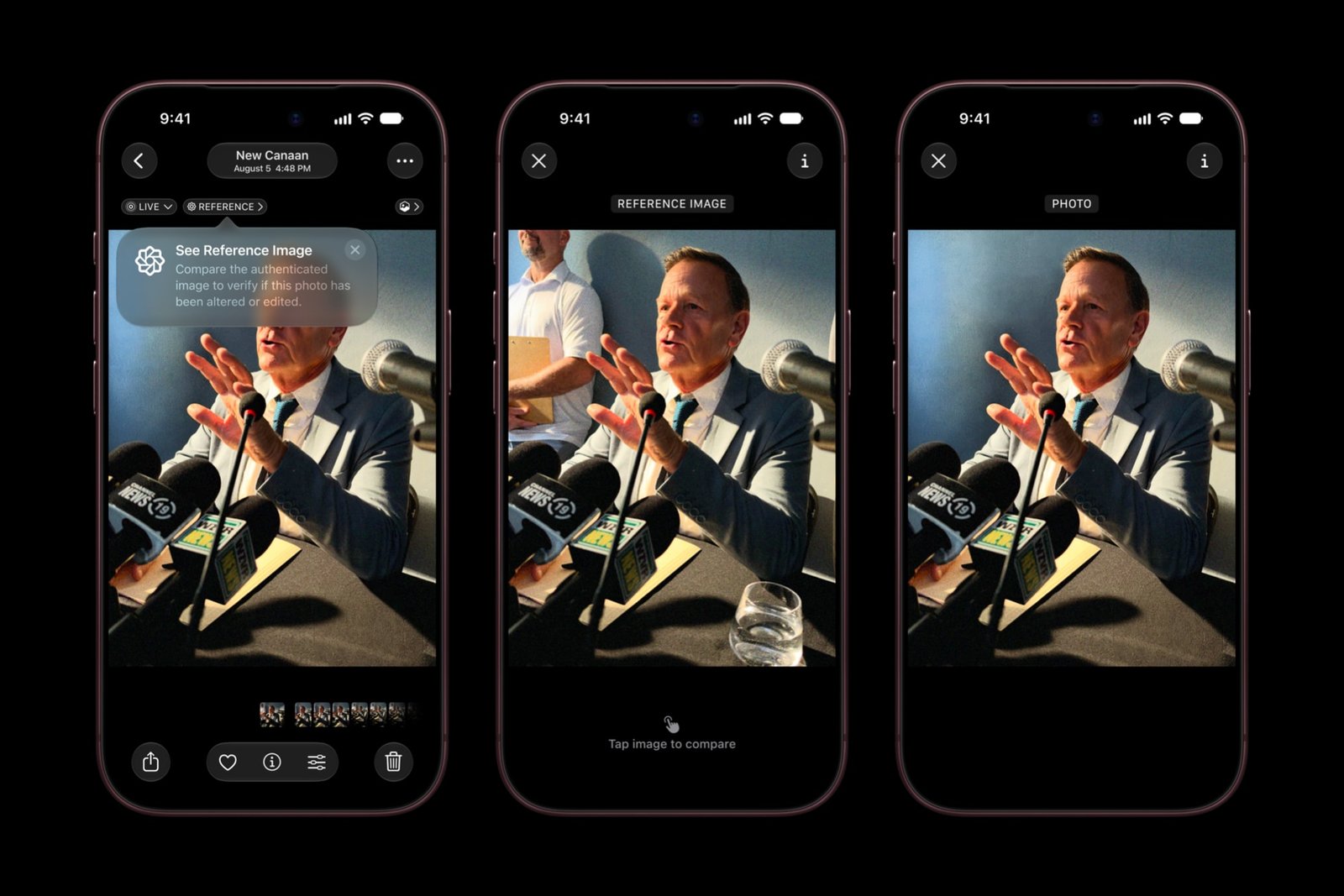 The iPhone 18 Pro's Photos app showing an Apple Reference Image next to the edited version