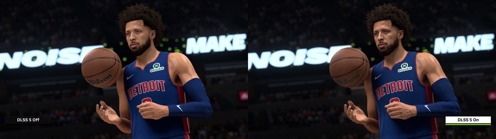 NVIDIA comparison in NBA 2K27 with DLSS 5 off on the left and on on the right