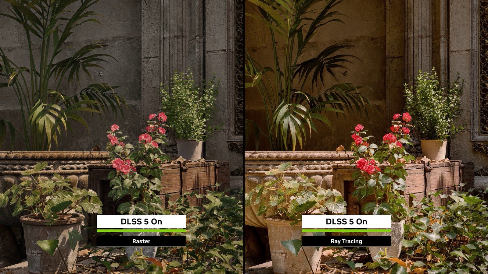 The same scene with DLSS 5 enabled, fed by a rasterised render and by a ray-traced one
