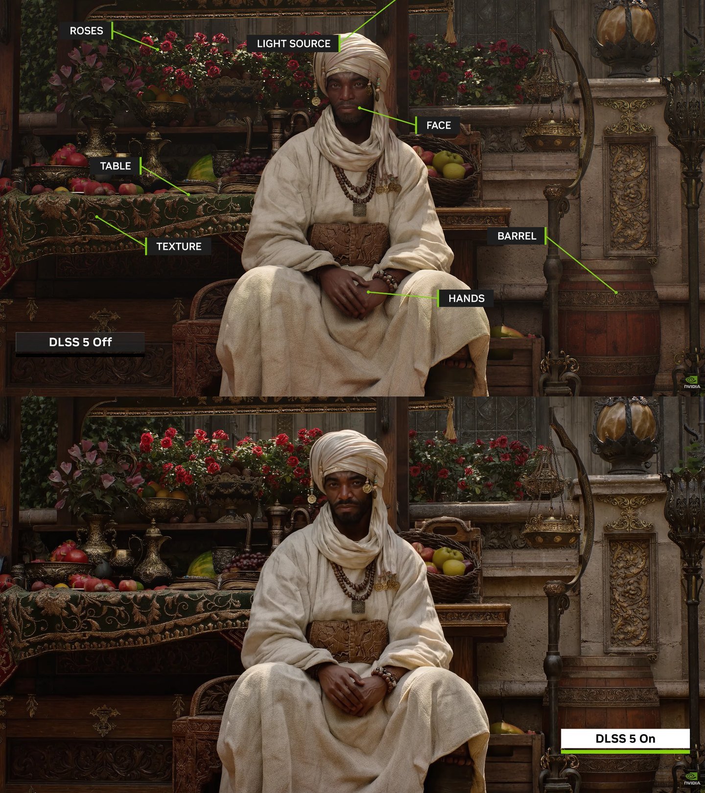 The same scene with DLSS 5 off, with the objects the model recognises highlighted, and with DLSS 5 on