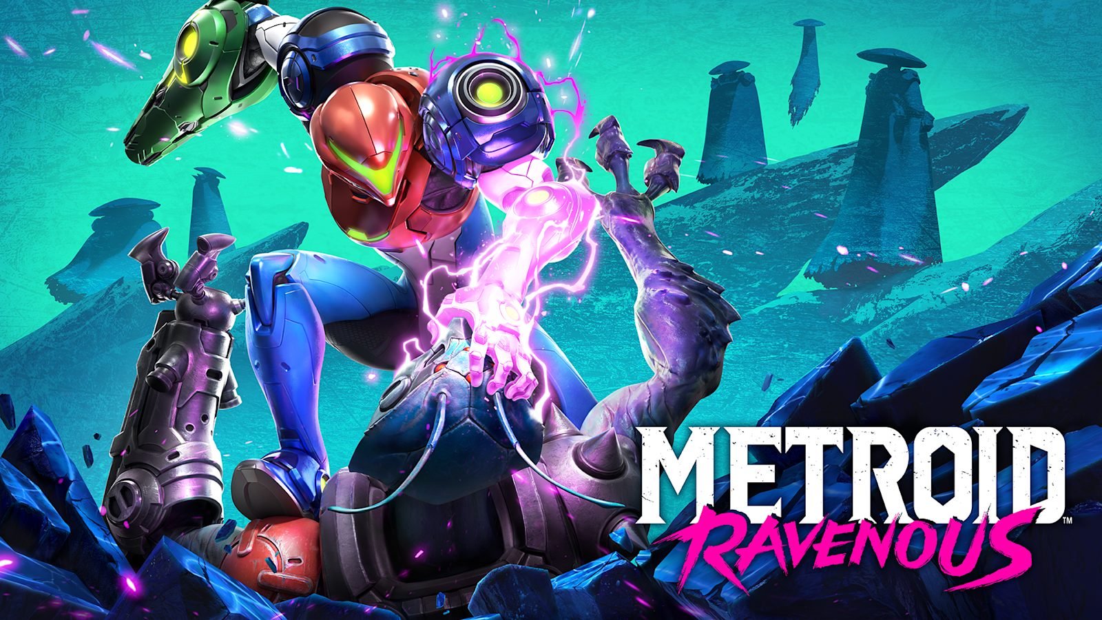 Official artwork for Metroid Ravenous, showing Samus facing off against a creature