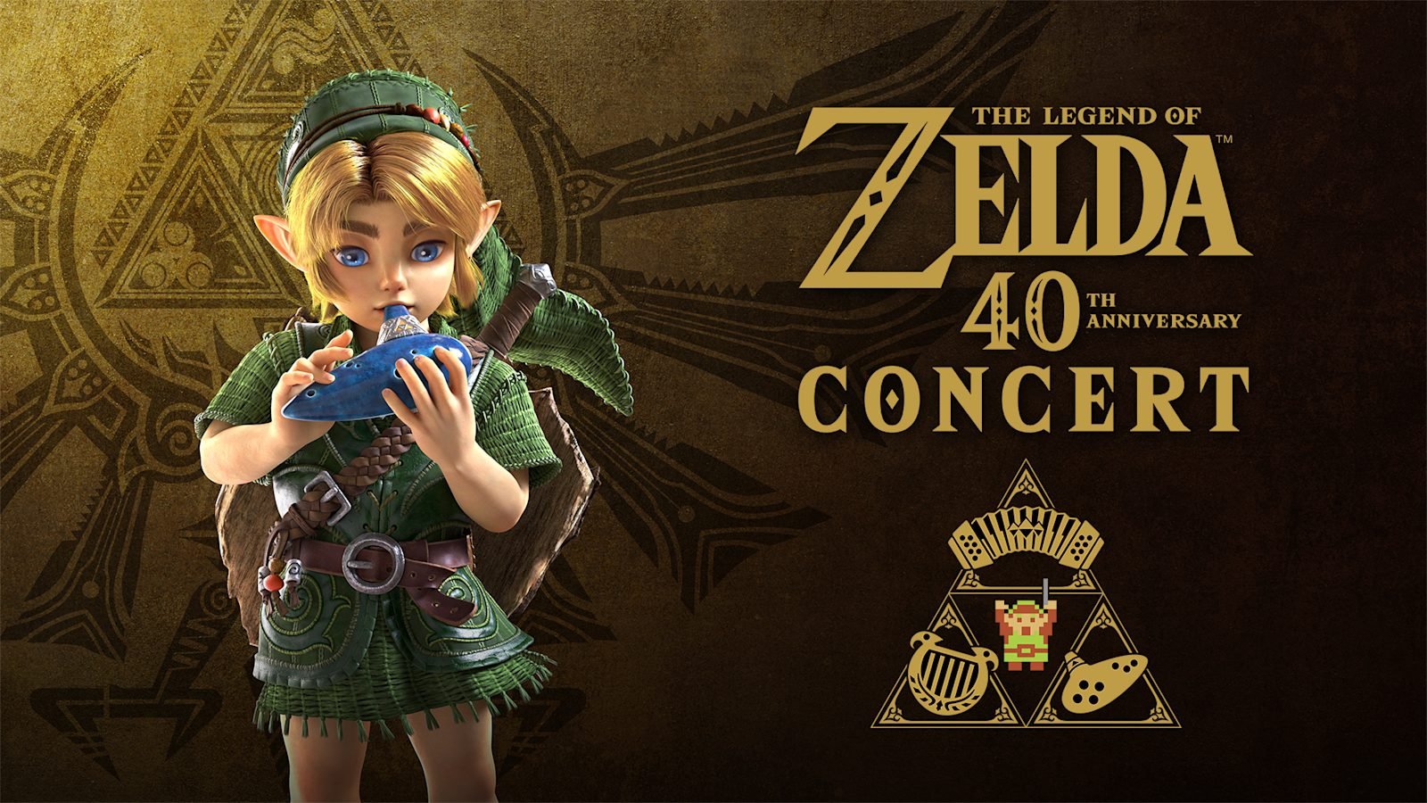 Official artwork for The Legend of Zelda 40th anniversary concerts, featuring Young Link playing the ocarina