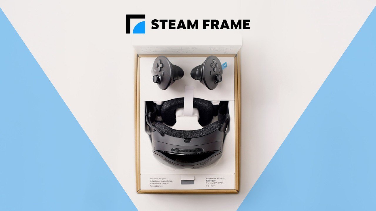 Open Steam Frame box with the headset, both controllers, and the slot for the wireless adapter