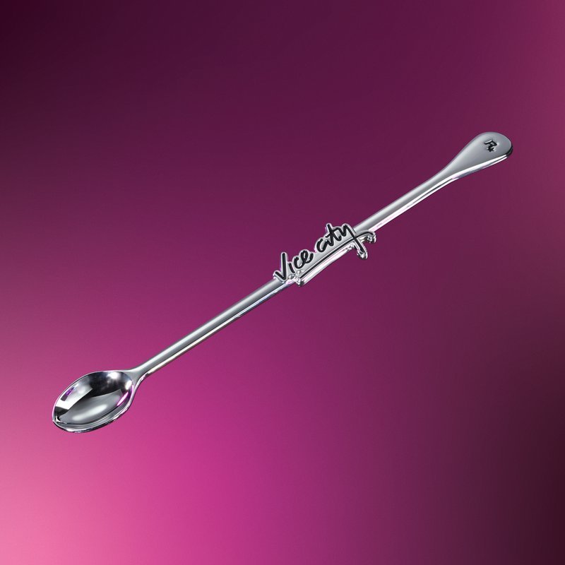 Cocktail swizzle spoon with the Vice City logo